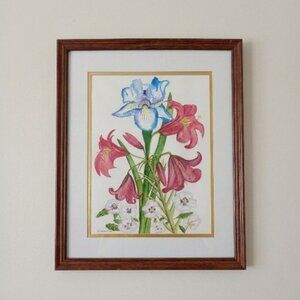 Original Watercolor Floral Painting Blue Iris & Pink Lilies Signed Dated Framed